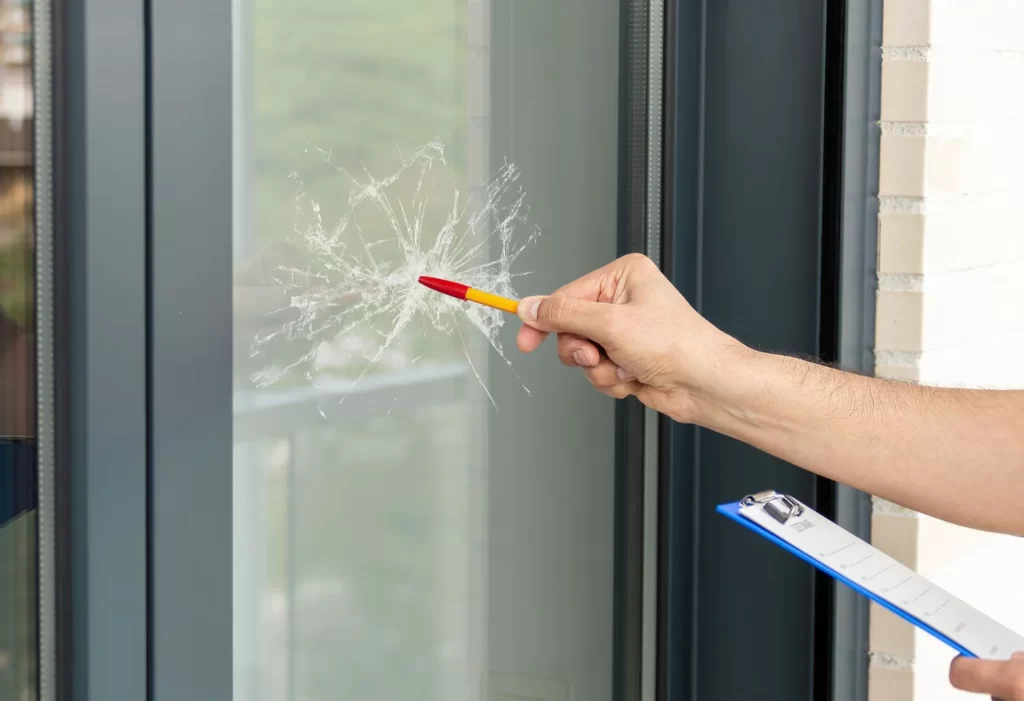 A hand points at a shattered point on a glass window with a pen, while holding a clipboard.